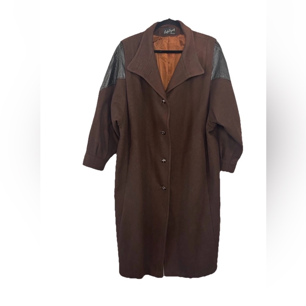 VTG Womens Brown Wool & Leather Maxi Duster Coat USA Oversized 80s XXL Bohemian - Picture 2 of 16